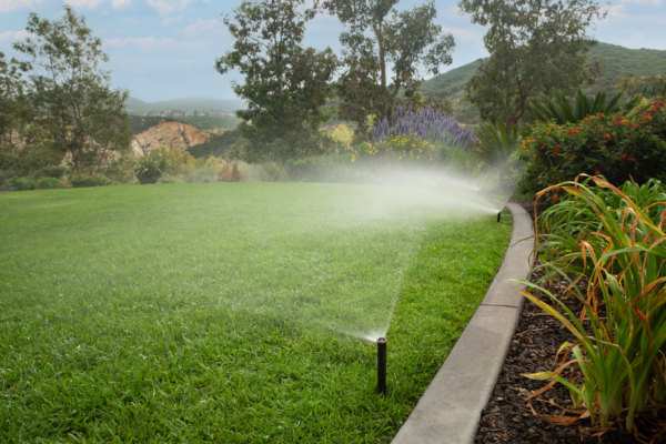 Smart irrigation technology supporting sustainable landscape architecture through efficient water management, climate adaptation, and healthy green spaces. Precision sprinklers irrigate a planted landscape, demonstrating innovative solutions for resilient parks, gardens, and urban environments.