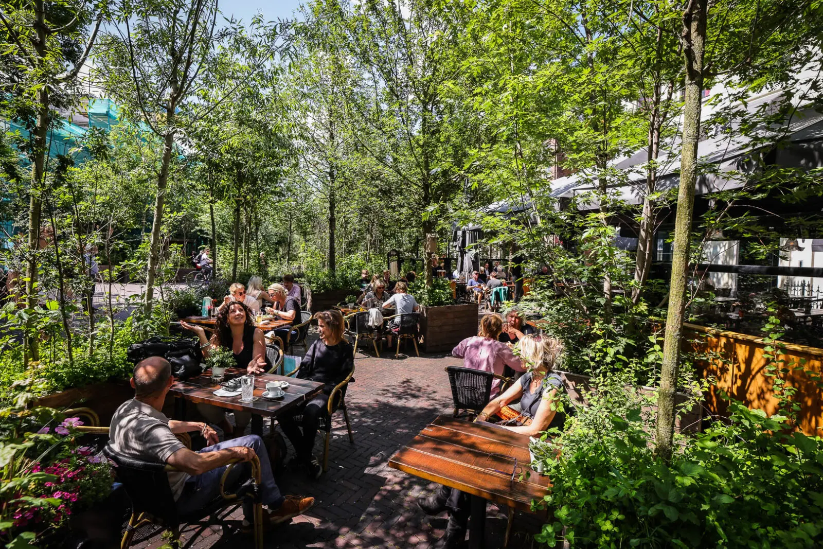 Nature-based urban public space integrating outdoor dining, trees, and biodiverse planting to create a green, healthy, and climate-resilient city environment. The landscape architecture enhances social interaction, urban cooling, and everyday wellbeing within a dense urban setting.