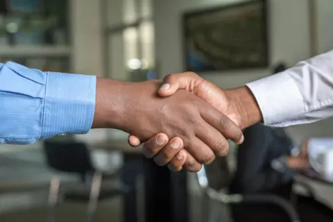 Handshake between two professionals representing collaboration and partnership within the landscape architecture community. The image illustrates international cooperation, knowledge exchange, and strategic partnerships that support sustainable landscape development across Europe.