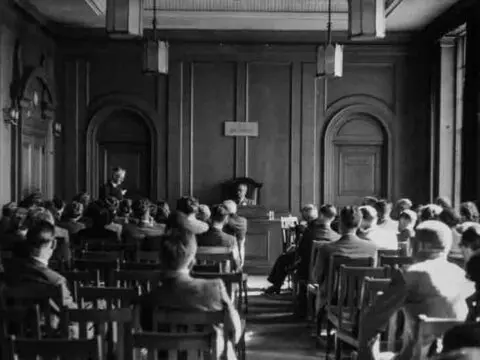 Historic founding meeting of IFLA in Cambridge, showing delegates gathered in a formal hall during the establishment of the international landscape architecture federation.